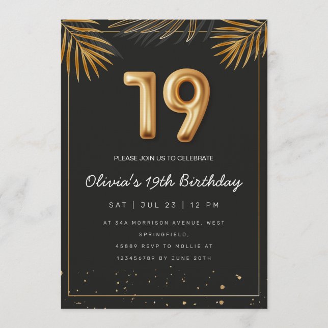 Golden Tropical Palm Leaves 19th Birthday  Invitation (Front)