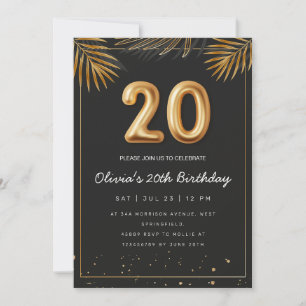 Golden Tropical Palm Leaves 20th Birthday Invitation