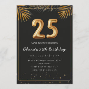Golden Tropical Palm Leaves 25th Birthday  Invitation