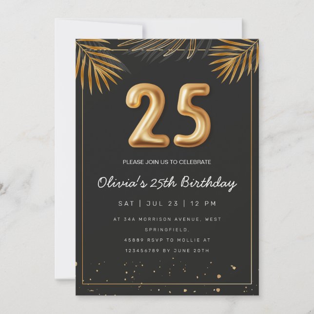 Golden Tropical Palm Leaves 25th Birthday  Invitation (Front)