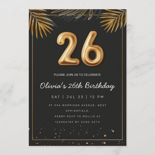 Golden Tropical Palm Leaves 26th Birthday  Invitation