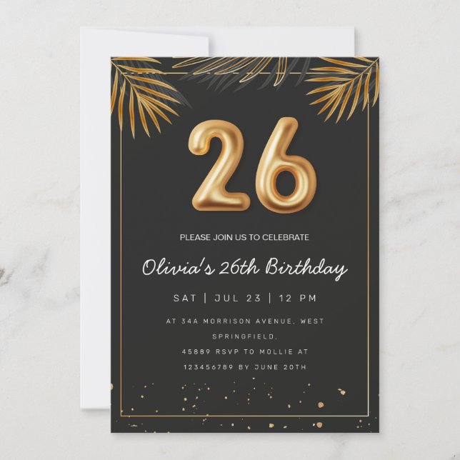 Golden Tropical Palm Leaves 26th Birthday  Invitation (Front)