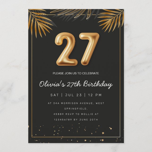 Golden Tropical Palm Leaves 27th Birthday  Invitation (Front)