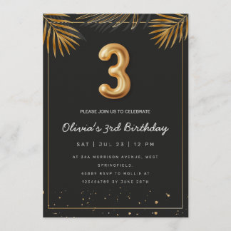  Golden Tropical Palm Leaves 3rd Birthday  Invitation