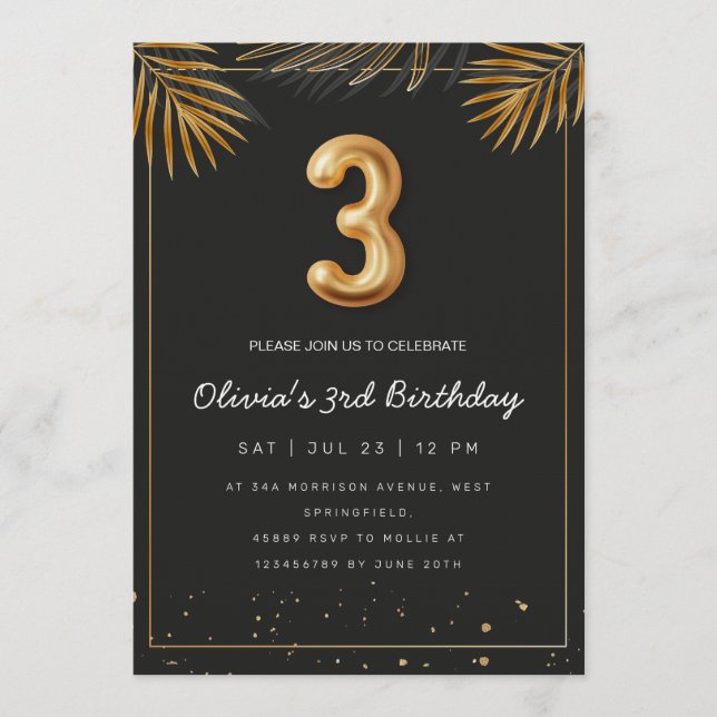  Golden Tropical Palm Leaves 3rd Birthday  Invitation (Front)