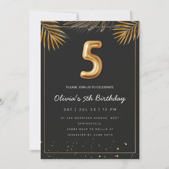  Golden Tropical Palm Leaves 5th Birthday  Invitation (Front)