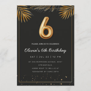 Golden Tropical Palm Leaves 6th Birthday Invitation