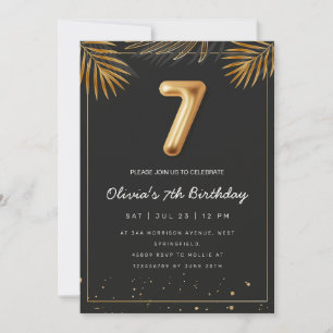 Golden Tropical Palm Leaves 7th Birthday Invitation