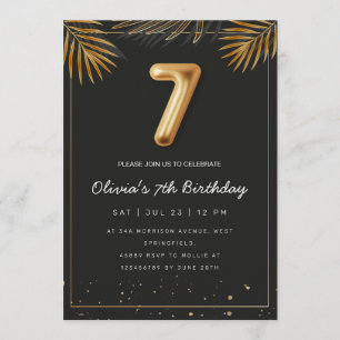 Golden Tropical Palm Leaves 7th Birthday Invitation