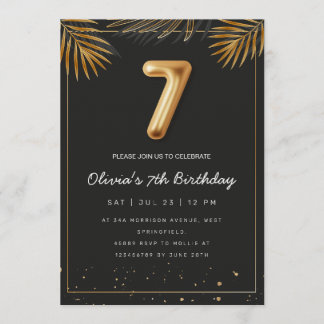  Golden Tropical Palm Leaves 7th Birthday  Invitation