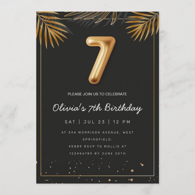  Golden Tropical Palm Leaves 7th Birthday  Invitation (Front)