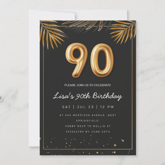 Golden Tropical Palm Leaves 90th Birthday  Invitation (Front)