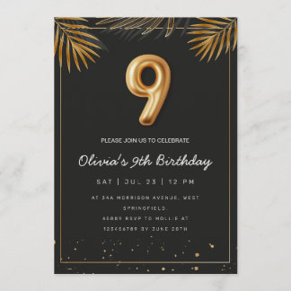 Golden Tropical Palm Leaves 9th Birthday  Invitation