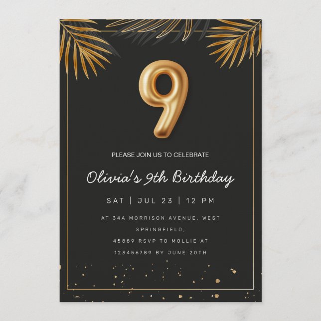 Golden Tropical Palm Leaves 9th Birthday  Invitation (Front)