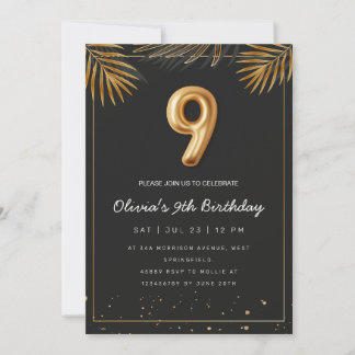 Golden Tropical Palm Leaves 9th Birthday  Invitation