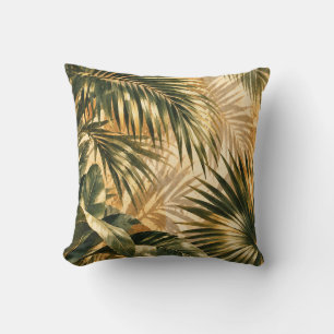 Golden Tropical Palm Leaves Botanical Throw Pillow
