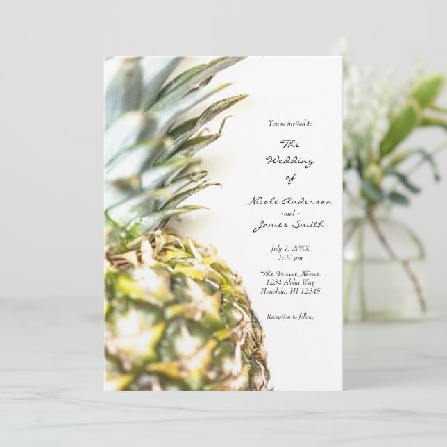 Golden Tropical Pineapple Island Beach Wedding  Invitation (Standing Front)