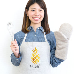 Golden tropical pineapple on white name standard apron