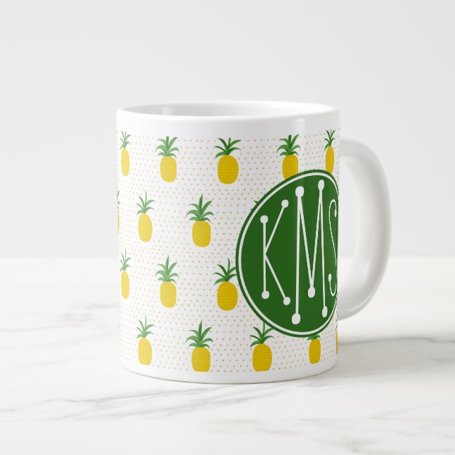 Golden Tropical Pineapples | Monogram Large Coffee Mug (Front Right)