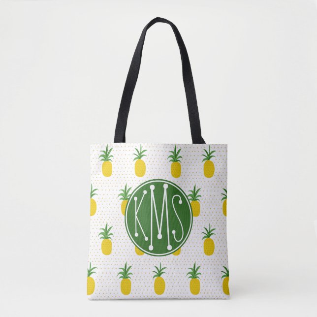 Golden Tropical Pineapples | Monogram Tote Bag (Front)