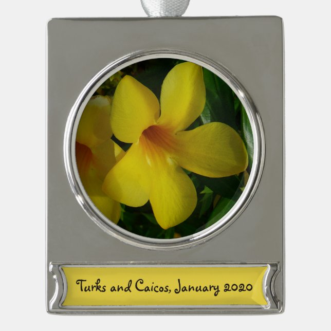 Golden Trumpet Flowers II Tropical Silver Plated Banner Ornament (Front)