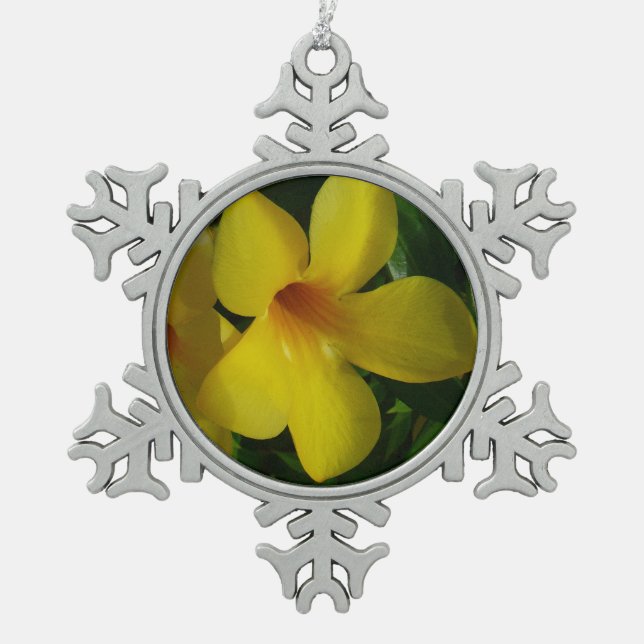 Golden Trumpet Flowers II Tropical Snowflake Pewter Christmas Ornament (Front)
