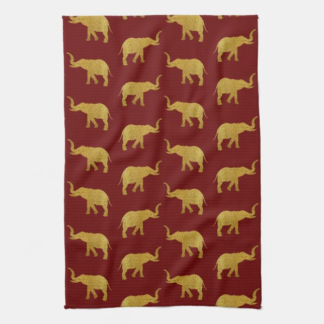 Golden Trumpeting Elephants Tea Towel (Vertical)