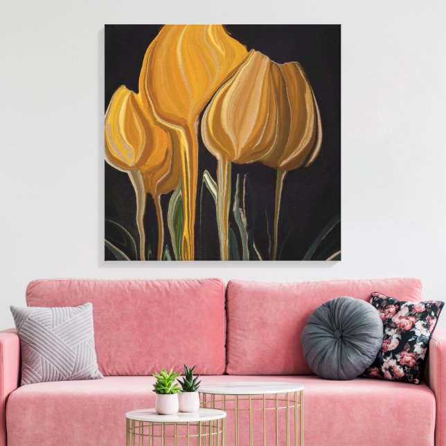Golden Tulip Trio on Black Canvas Print (Insitu(LivingRoom))