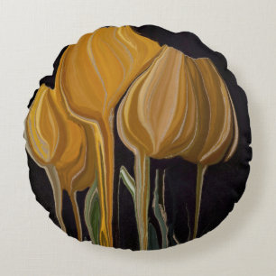 Golden Tulip Trio on Black Round Cushion