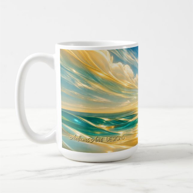 Golden Turquoise Ocean Waves Sunset Coffee Mug (Left)