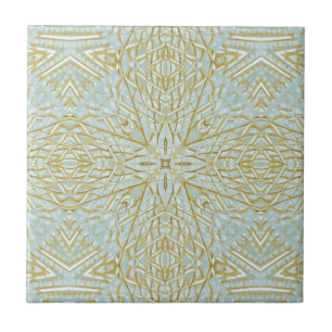 Golden turquoise teal blue green star geometric tile