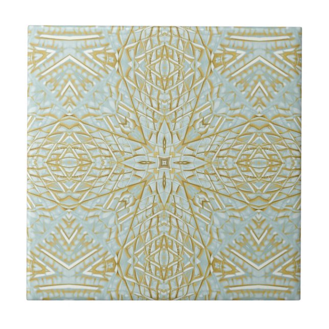 Golden turquoise teal blue green star geometric  tile (Front)