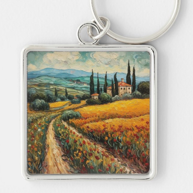 Golden Tuscany Wildflower Countryside Landscape Key Ring (Front)