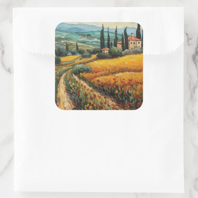 Golden Tuscany Wildflower Countryside Landscape Square Sticker (Bag)