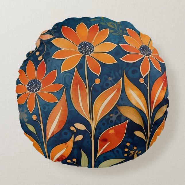 Golden Twilight Floral Round Cushion (Front)