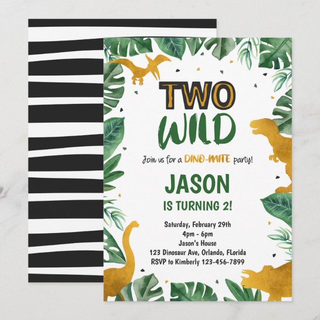 Golden Two Wild Dinosaur Invitation (Front/Back)