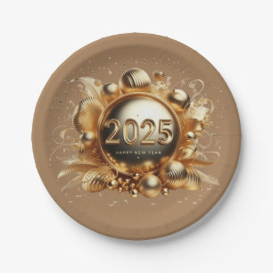 Golden typography happy new year 2025 paper plate