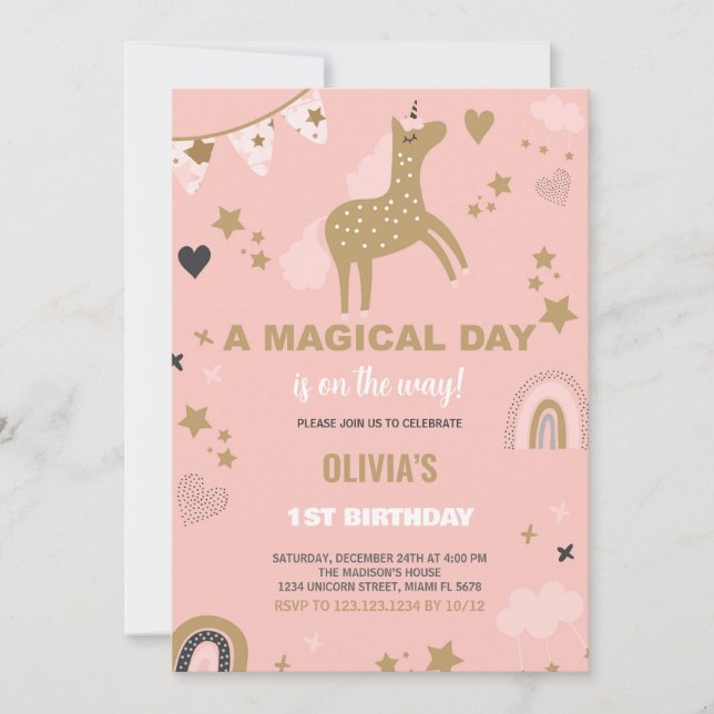 Golden Unicorn Birthday Invitations (Front)