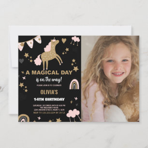 Golden Unicorn Birthday Invitations with photo