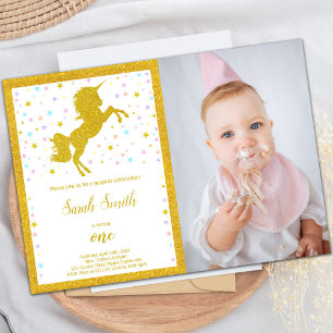 Golden Unicorn Birthday Invitations with photo