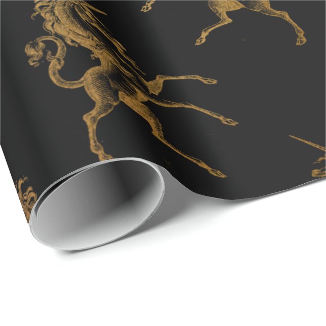 Golden Unicorn Black Metallic Heralds Princess Wrapping Paper (Roll Corner)