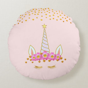 Golden Unicorn, Flowers & Gold Confetti on Pink Round Cushion