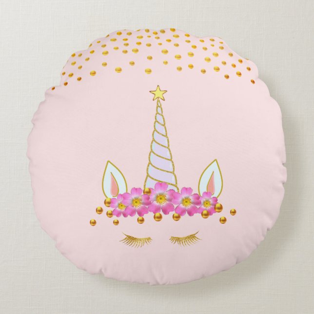 Golden Unicorn, Flowers & Gold Confetti on Pink Round Cushion (Front)