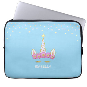 Golden unicorn, flowers & stars on light blue laptop sleeve