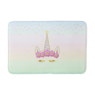 Golden Unicorn, Flowers & Stars on Pastel Colours Bath Mat