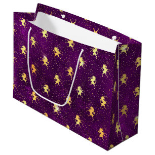 Golden Unicorn Grid Pattern on Deep Purple Large Gift Bag
