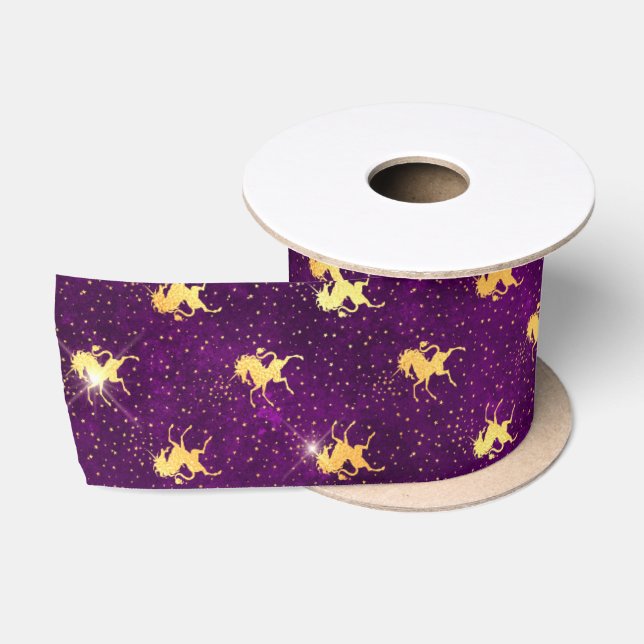 Golden Unicorn Grid Pattern on Deep Purple Satin Ribbon (Spool)