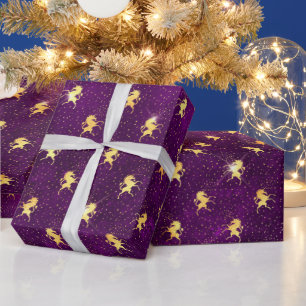 Golden Unicorn Grid Pattern on Deep Purple Wrapping Paper