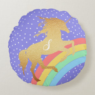 Golden Unicorn over Pastel Rainbow Custom Colour Round Cushion
