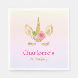 Golden Unicorn Pink Rainbow Personalised Birthday Napkin